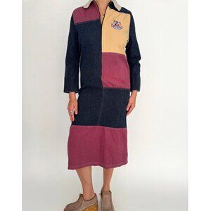 90s vintage multicolor denim patchwork golf embroidered collared midi dress
